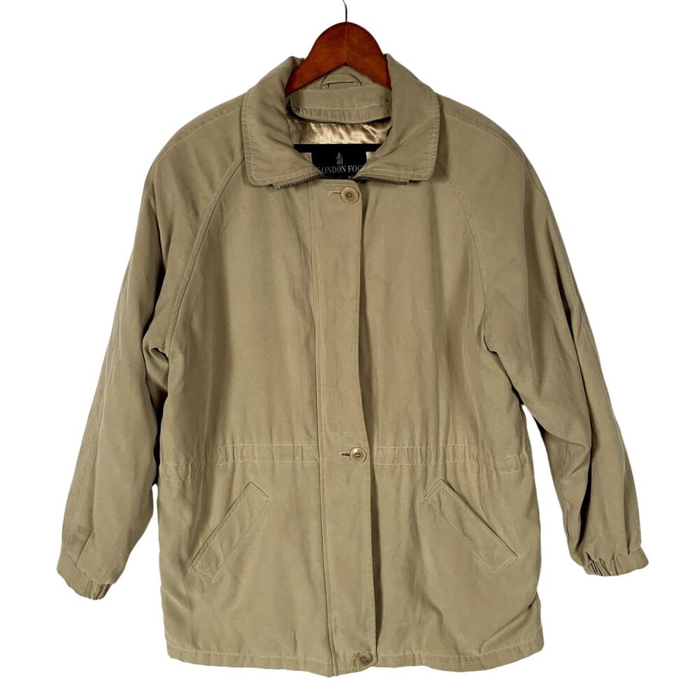 London Fog Jacket Womens Medium Tan Zip Coat Removable‎ Lining Drawstring Waist